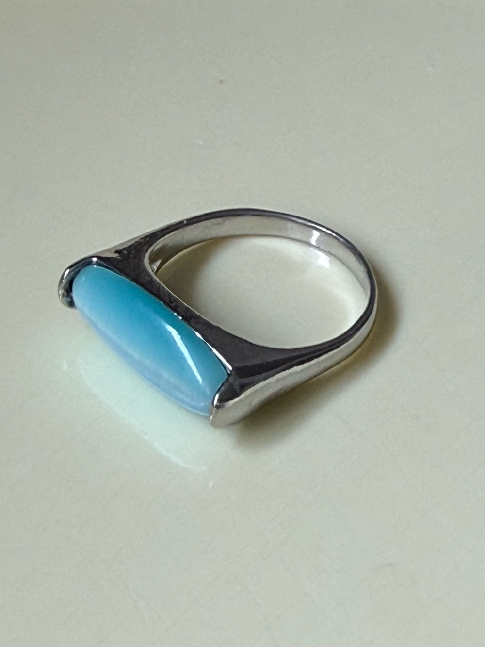 Blue Cat Eye Glass Cabochon Silver Tone Ring